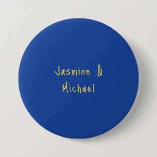 Lovely Chic Calligraphy Couple Names Blue & Gold Button