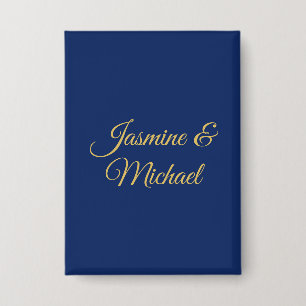 Lovely Chic Calligraphy Couple Names Blue & Gold Button