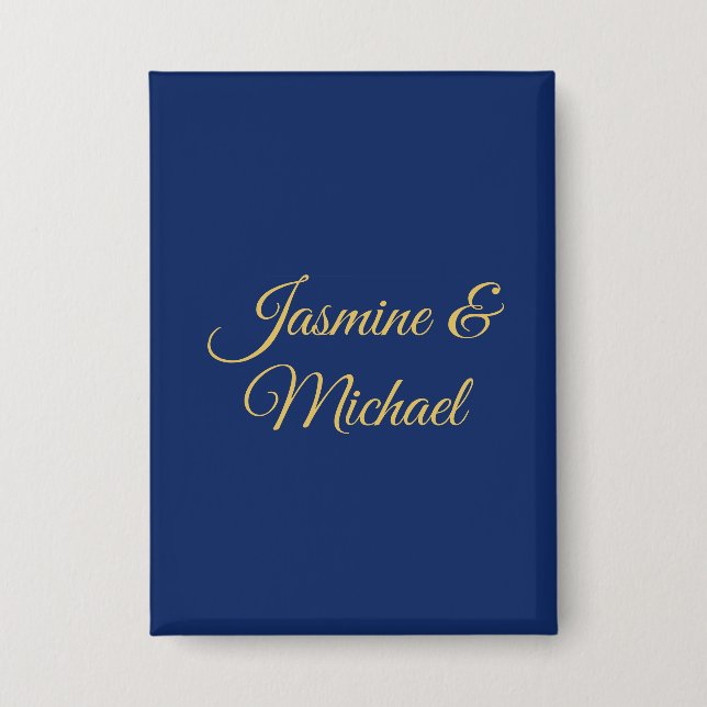 Lovely Chic Calligraphy Couple Names Blue & Gold Button (Front)