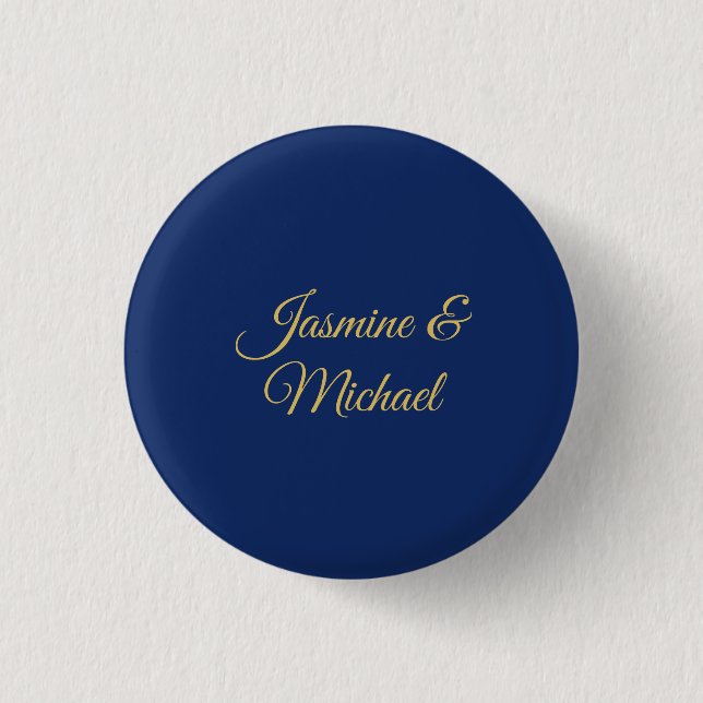 Lovely Chic Calligraphy Couple Names Blue & Gold Button (Front)