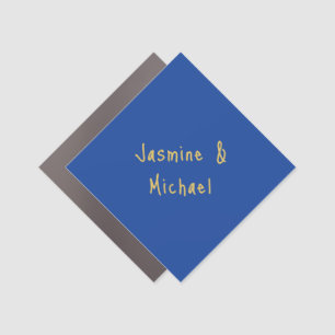 Lovely Chic Calligraphy Couple Names Blue & Gold Car Magnet