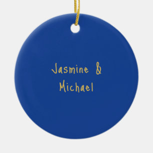 Lovely Chic Calligraphy Couple Names Blue & Gold Ceramic Ornament