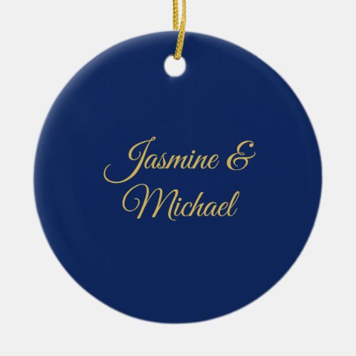 Lovely Chic Calligraphy Couple Names Blue & Gold Ceramic Ornament