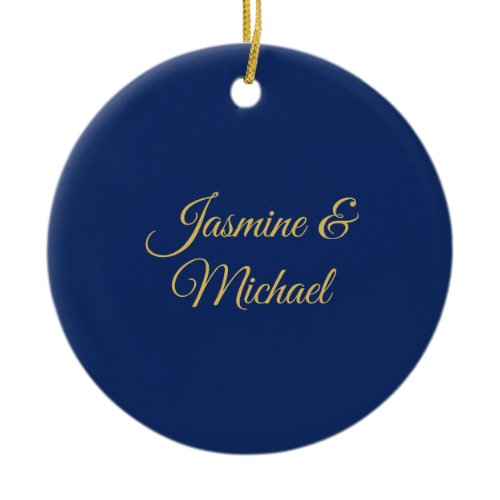 Lovely Chic Calligraphy Couple Names Blue &amp; Gold Ceramic Ornament