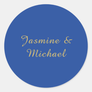 Lovely Chic Calligraphy Couple Names Blue & Gold Classic Round Sticker