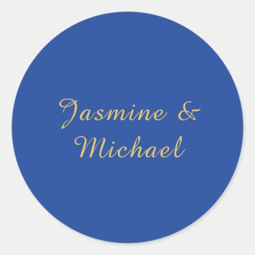 Lovely Chic Calligraphy Couple Names Blue & Gold Classic Round Sticker