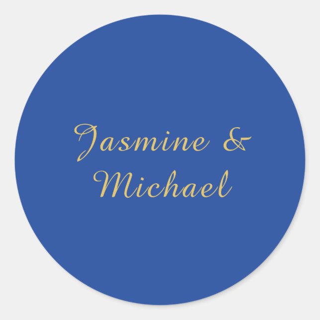 Lovely Chic Calligraphy Couple Names Blue & Gold Classic Round Sticker (Front)