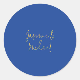 Lovely Chic Calligraphy Couple Names Blue & Gold Classic Round Sticker