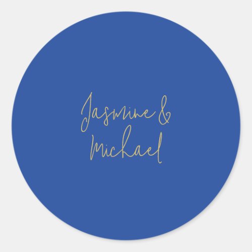 Lovely Chic Calligraphy Couple Names Blue & Gold Classic Round Sticker