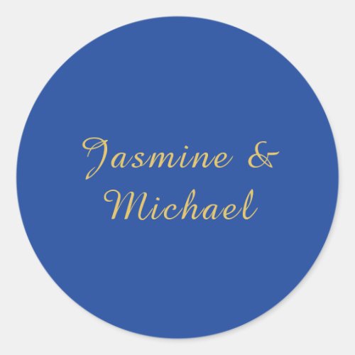 Lovely Chic Calligraphy Couple Names Blue & Gold Classic Round Sticker