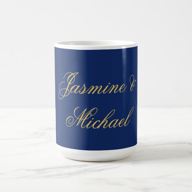 Lovely Chic Calligraphy Couple Names Blue & Gold Coffee Mug (Center)