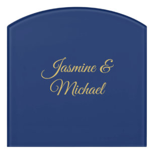 Lovely Chic Calligraphy Couple Names Blue & Gold Door Sign