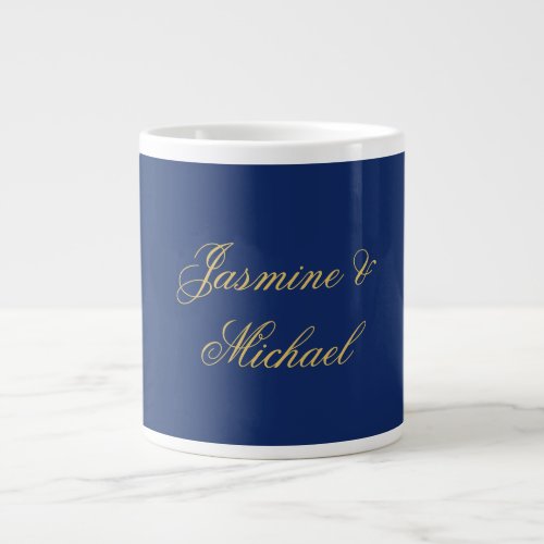 Lovely Chic Calligraphy Couple Names Blue & Gold Giant Coffee Mug