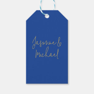 Lovely Chic Calligraphy Couple Names Blue & Gold Gift Tags