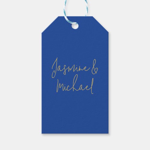 Lovely Chic Calligraphy Couple Names Blue &amp; Gold Gift Tags