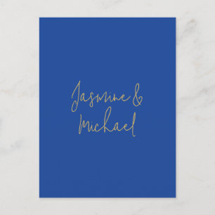 Lovely Chic Calligraphy Couple Names Blue & Gold Holiday Postcard