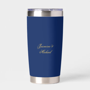 Lovely Chic Calligraphy Couple Names Blue & Gold Insulated Tumbler
