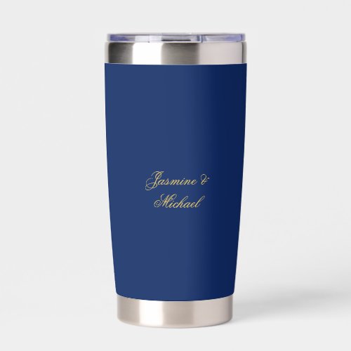 Lovely Chic Calligraphy Couple Names Blue & Gold Insulated Tumbler