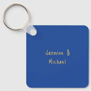 Lovely Chic Calligraphy Couple Names Blue & Gold Keychain