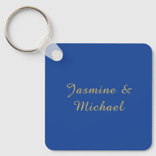 Lovely Chic Calligraphy Couple Names Blue & Gold Keychain