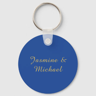 Lovely Chic Calligraphy Couple Names Blue & Gold Keychain