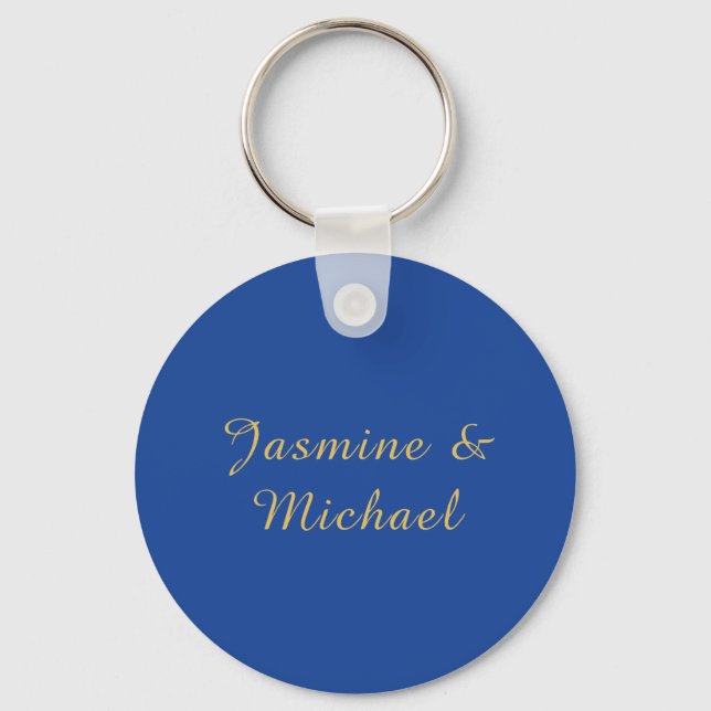 Lovely Chic Calligraphy Couple Names Blue & Gold Keychain (Front)