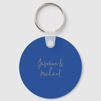 Lovely Chic Calligraphy Couple Names Blue & Gold Keychain