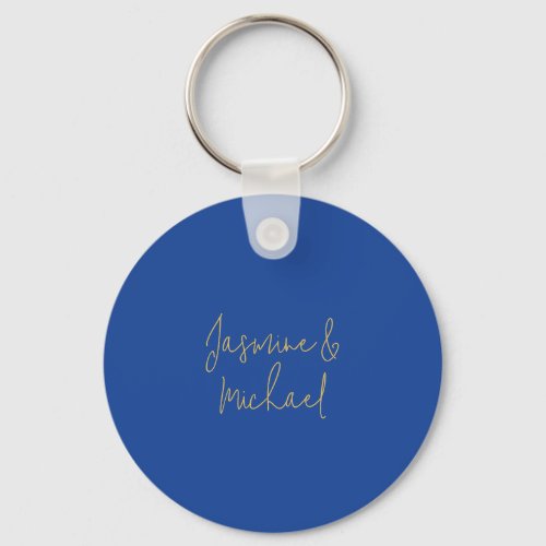 Lovely Chic Calligraphy Couple Names Blue &amp; Gold Keychain