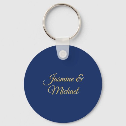 Lovely Chic Calligraphy Couple Names Blue & Gold Keychain