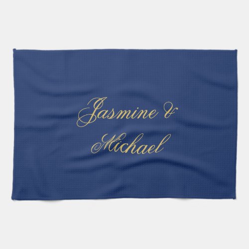 Lovely Chic Calligraphy Couple Names Blue & Gold Kitchen Towel