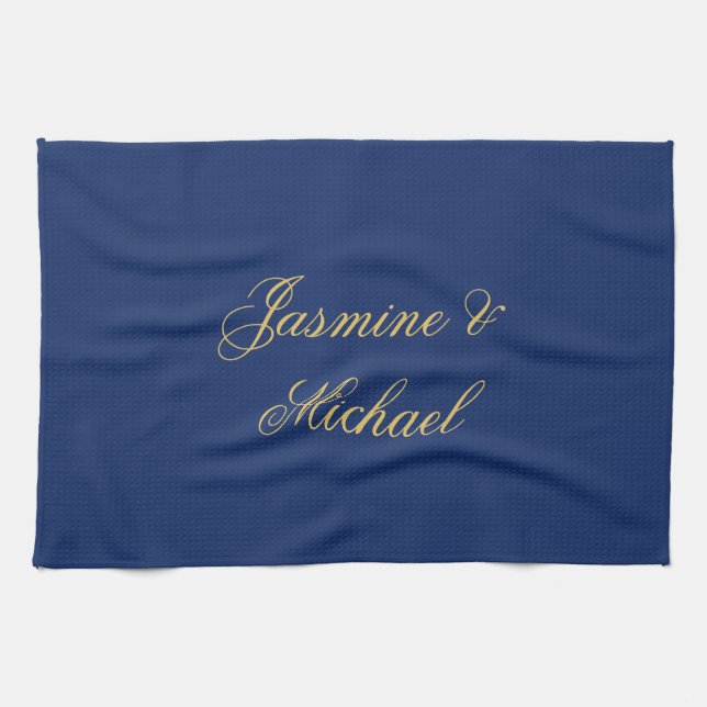 Lovely Chic Calligraphy Couple Names Blue & Gold Kitchen Towel (Horizontal)