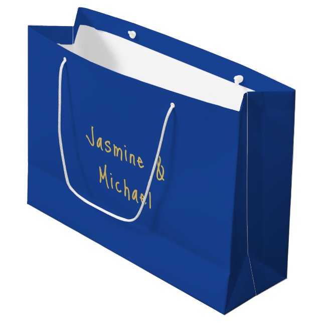 Lovely Chic Calligraphy Couple Names Blue & Gold Large Gift Bag (Front Angled)