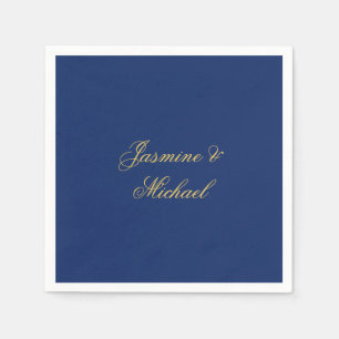 Lovely Chic Calligraphy Couple Names Blue & Gold Napkins