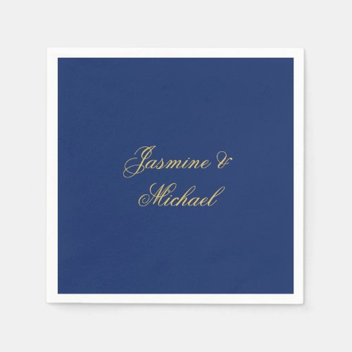 Lovely Chic Calligraphy Couple Names Blue & Gold Napkins