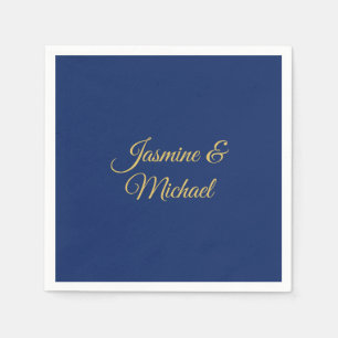 Lovely Chic Calligraphy Couple Names Blue & Gold Napkins