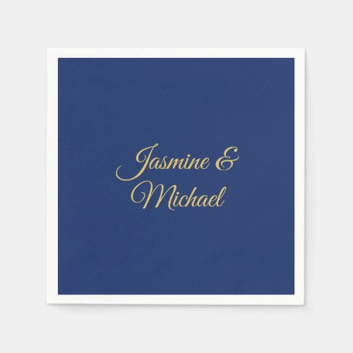 Lovely Chic Calligraphy Couple Names Blue & Gold Napkins