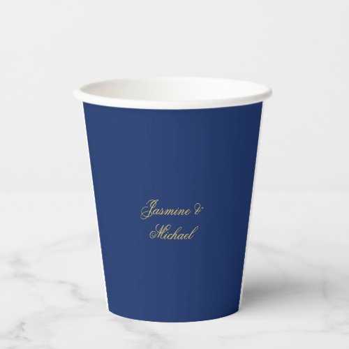 Lovely Chic Calligraphy Couple Names Blue & Gold Paper Cups