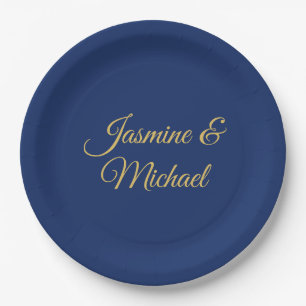 Lovely Chic Calligraphy Couple Names Blue & Gold Paper Plates