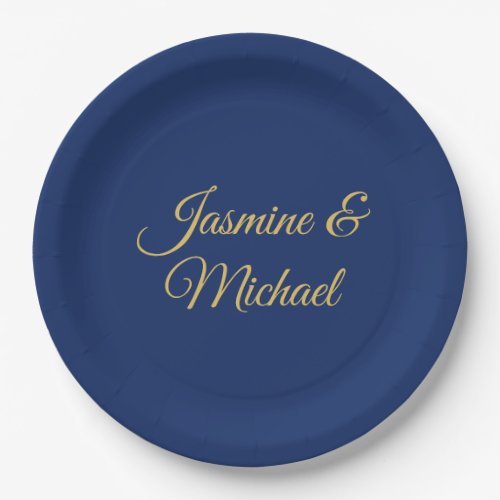 Lovely Chic Calligraphy Couple Names Blue & Gold Paper Plates