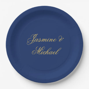 Lovely Chic Calligraphy Couple Names Blue & Gold Paper Plates