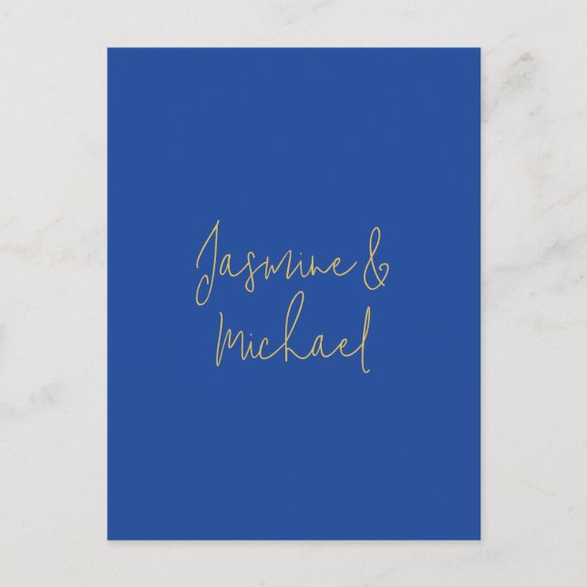 Lovely Chic Calligraphy Couple Names Blue & Gold Postcard (Front)