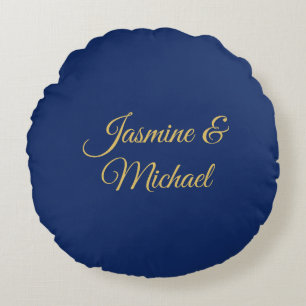 Lovely Chic Calligraphy Couple Names Blue & Gold Round Pillow