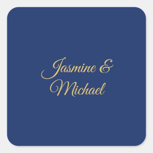 Lovely Chic Calligraphy Couple Names Blue & Gold Square Sticker