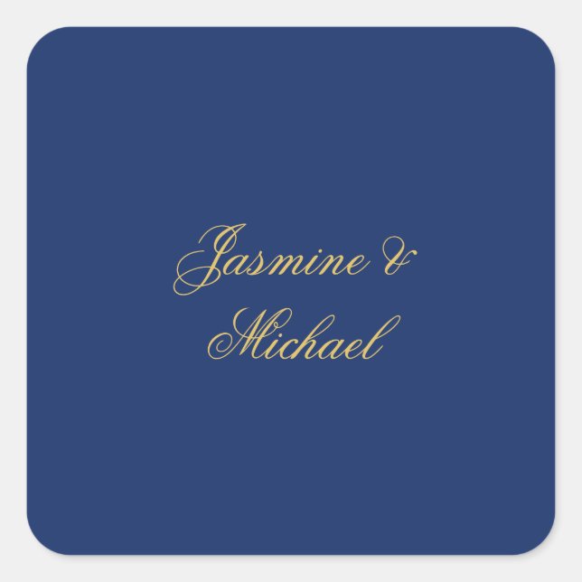 Lovely Chic Calligraphy Couple Names Blue & Gold Square Sticker (Front)