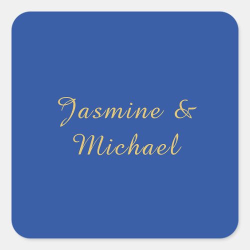 Lovely Chic Calligraphy Couple Names Blue & Gold Square Sticker