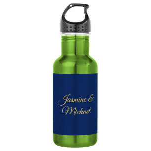 Lovely Chic Calligraphy Couple Names Blue & Gold Stainless Steel Water Bottle