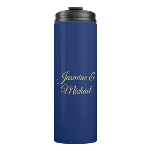 Lovely Chic Calligraphy Couple Names Blue & Gold Thermal Tumbler