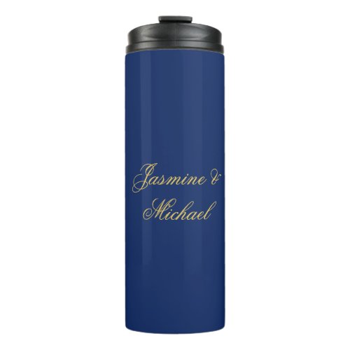 Lovely Chic Calligraphy Couple Names Blue & Gold Thermal Tumbler