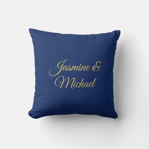 Lovely Chic Calligraphy Couple Names Blue & Gold Throw Pillow