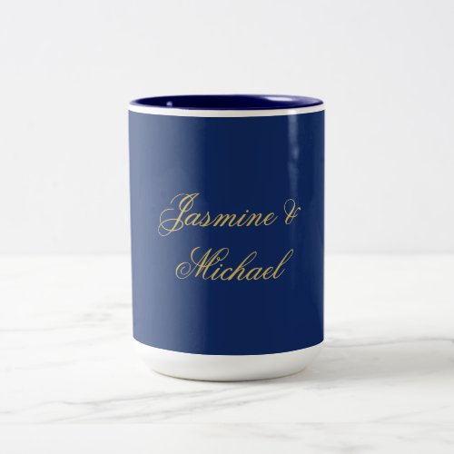 Lovely Chic Calligraphy Couple Names Blue & Gold Two-Tone Coffee Mug